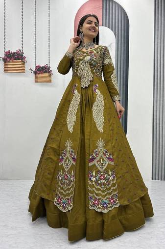 Olive Green Vichitra Silk Heavy Thread Sequins Work Lehenga Set
