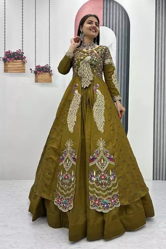 Olive Green Vichitra Silk Heavy Thread Sequins Work Lehenga Set