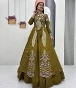 Olive Green Vichitra Silk Heavy Thread Sequins Work Lehenga Set