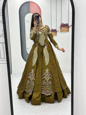 Olive Green Vichitra Silk Heavy Thread Sequins Work Lehenga Set 2