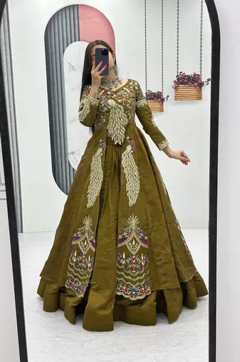 Olive Green Vichitra Silk Heavy Thread Sequins Work Lehenga Set