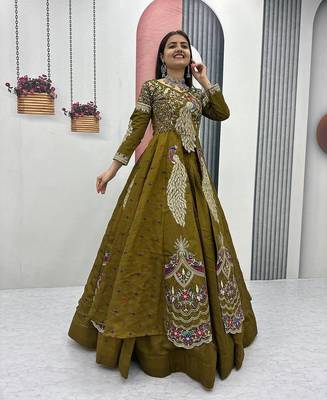 Olive Green Vichitra Silk Heavy Thread Sequins Work Lehenga Set 3
