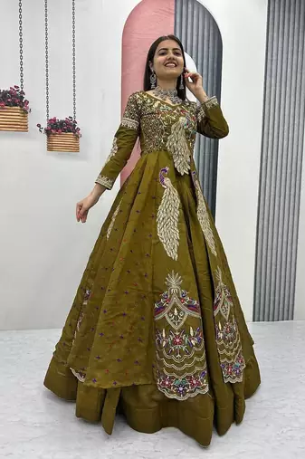 Olive Green Vichitra Silk Heavy Thread Sequins Work Lehenga Set