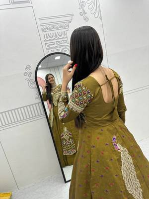 Olive Green Vichitra Silk Heavy Thread Sequins Work Lehenga Set 4
