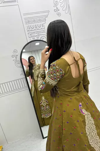 Olive Green Vichitra Silk Heavy Thread Sequins Work Lehenga Set