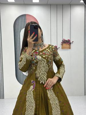 Olive Green Vichitra Silk Heavy Thread Sequins Work Lehenga Set 5