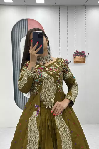 Olive Green Vichitra Silk Heavy Thread Sequins Work Lehenga Set
