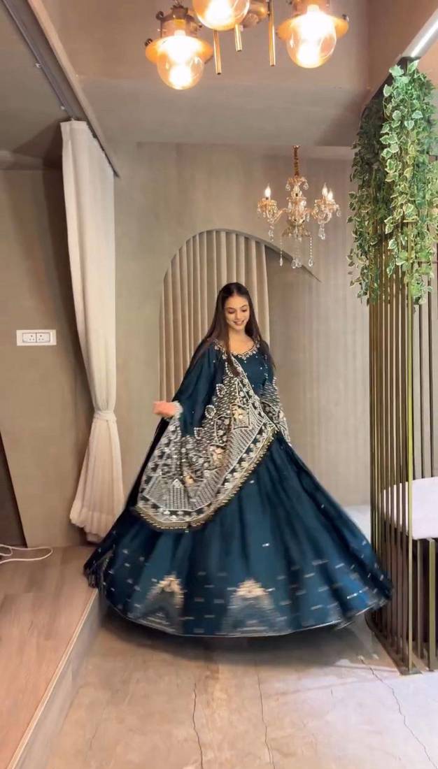 Rama Crep Silk Embroidered Lehenga Choli Set