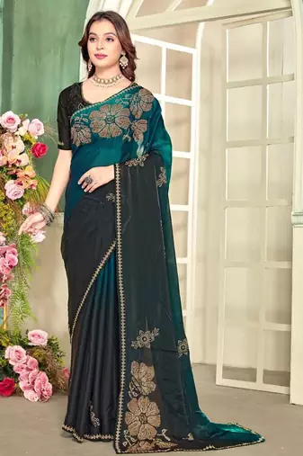 Morpeach color handwork zircon work fendi satin two tone saree