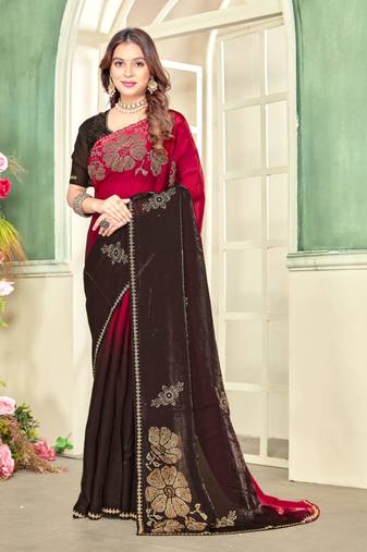 Cheryy red color handwork zircon work fendi satin two tone saree