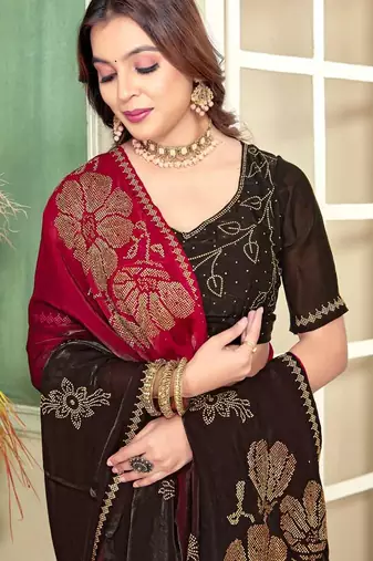 Cheryy red color handwork zircon work fendi satin two tone saree