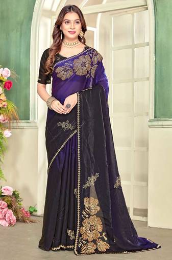 Purple color handwork zircon work fendi satin two tone saree