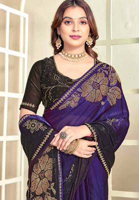 Purple color handwork zircon work fendi satin two tone saree 2