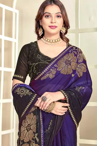 Purple color handwork zircon work fendi satin two tone saree