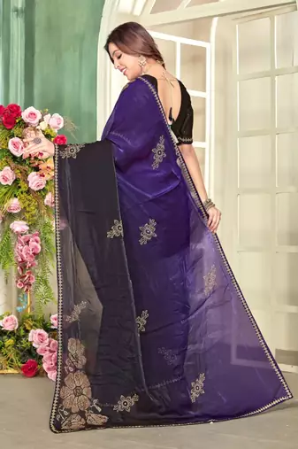 Purple color handwork zircon work fendi satin two tone saree
