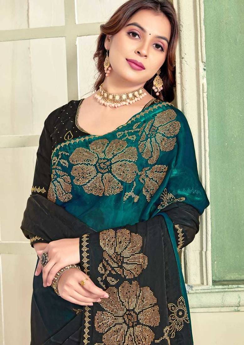 Rama blue color handwork zircon work fendi satin two tone saree