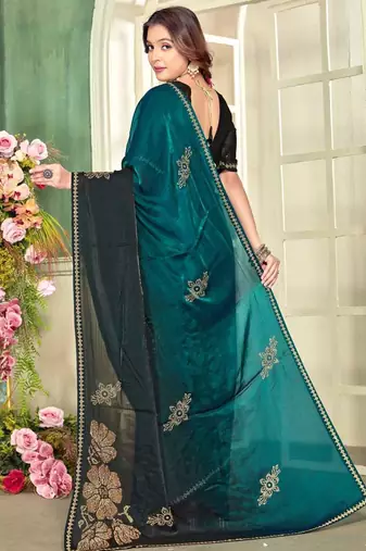 Rama blue color handwork zircon work fendi satin two tone saree