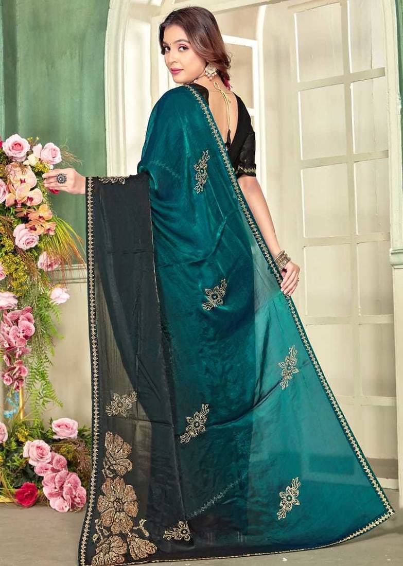 Rama blue color handwork zircon work fendi satin two tone saree