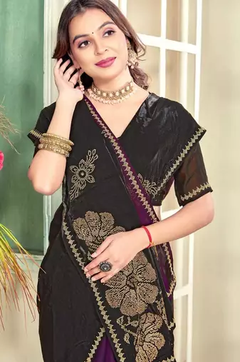 Wine color handwork zircon work fendi satin two tone saree