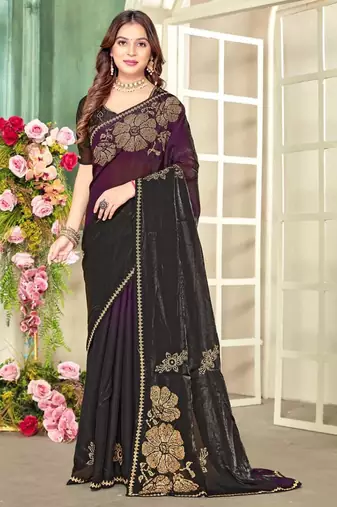 Wine color handwork zircon work fendi satin two tone saree
