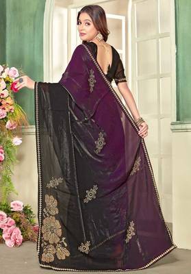 Wine color handwork zircon work fendi satin two tone saree 3