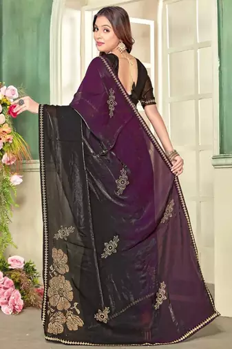 Wine color handwork zircon work fendi satin two tone saree