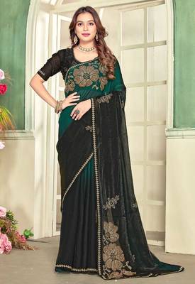 Green color handwork zircon work fendi satin two tone saree 2