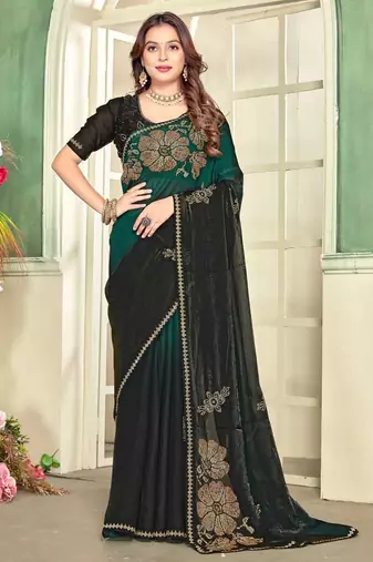 Green color handwork zircon work fendi satin two tone saree