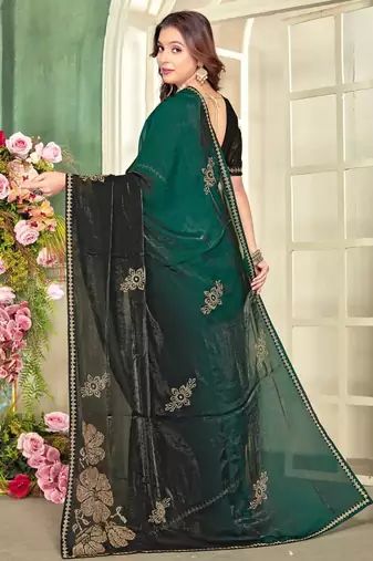 Green color handwork zircon work fendi satin two tone saree