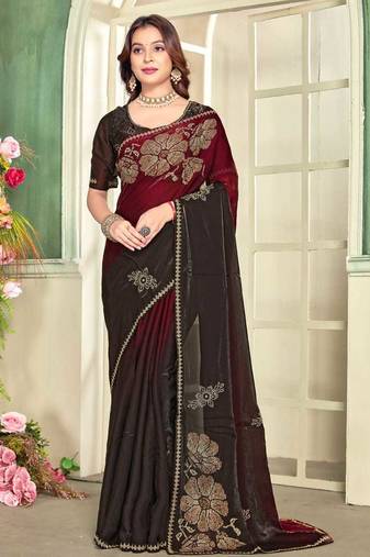 Maroon color handwork zircon work fendi satin two tone saree