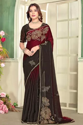 Maroon color handwork zircon work fendi satin two tone saree