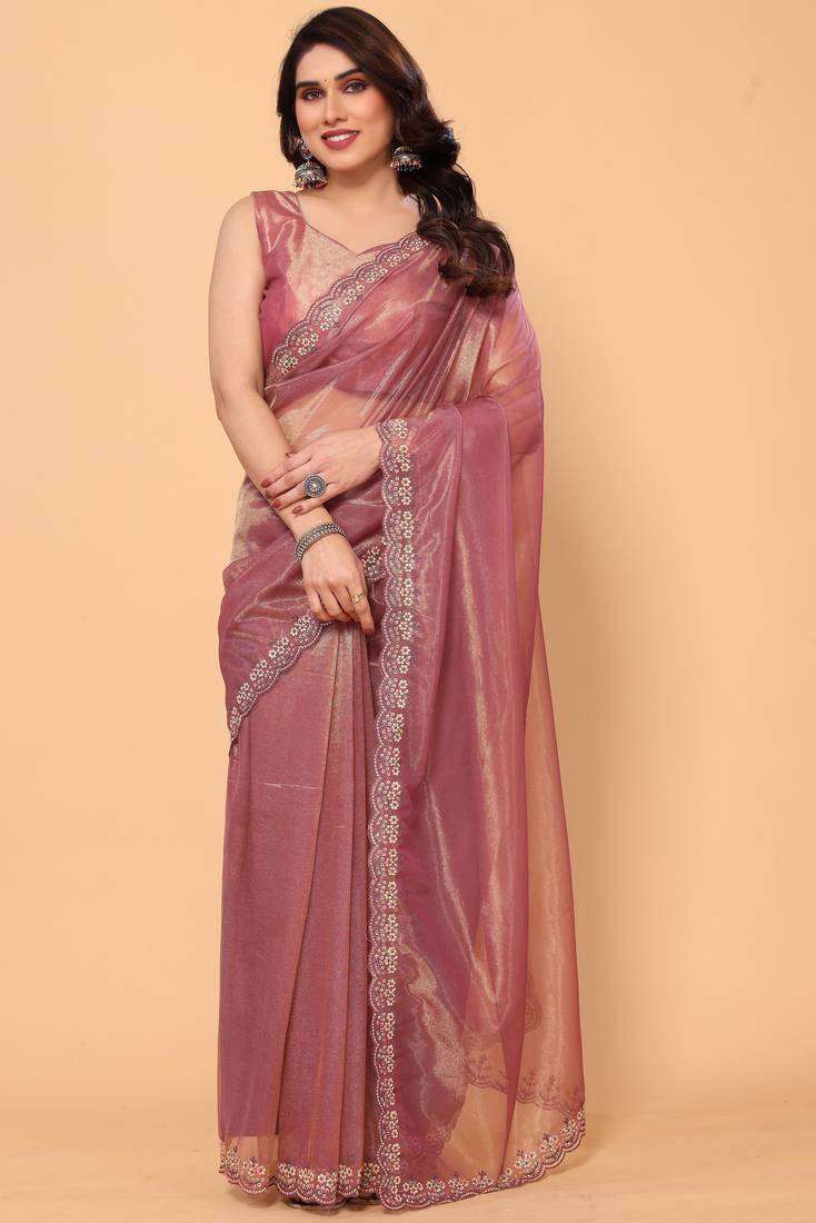 Fancy Embroidery Border Net Saree with Unstitched Plain Blouse Piece
