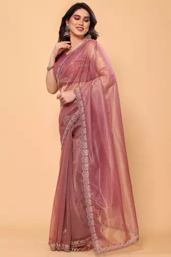 mauve fancy net saree with embroidery border work