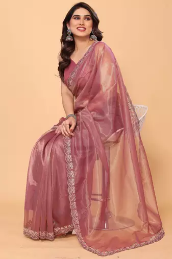 mauve fancy net saree with embroidery border work