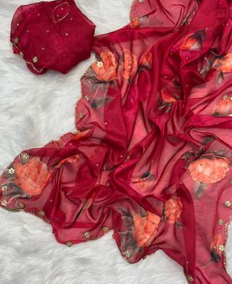latest summer red floral printed saree for women 2