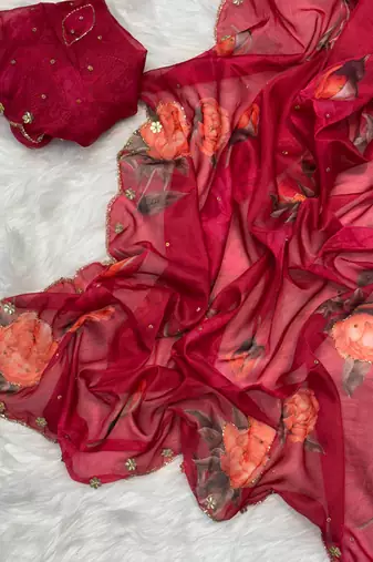 latest summer  red floral printed saree for women