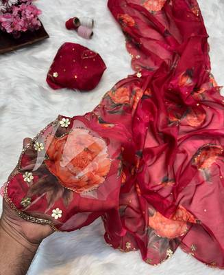 latest summer red floral printed saree for women 3