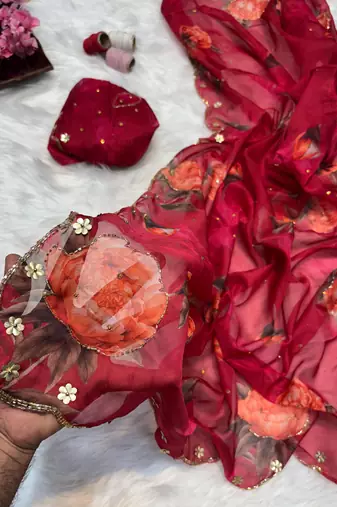 latest summer  red floral printed saree for women