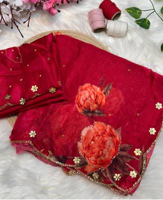 latest summer red floral printed saree for women 4