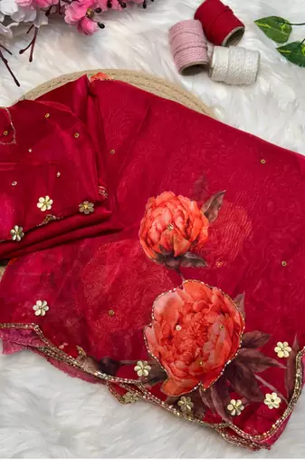latest summer  red floral printed saree for women