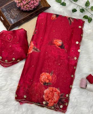 latest summer red floral printed saree for women 5