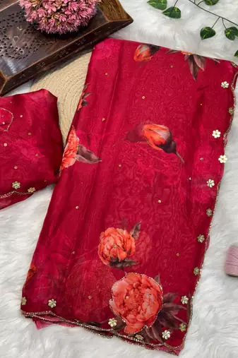 latest summer  red floral printed saree for women