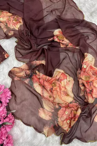 beautiful floral printed tabby silk saree for women with hand embrodiery