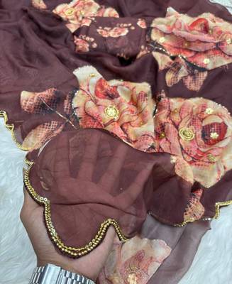 beautiful floral printed tabby silk saree for women with hand embrodiery 3