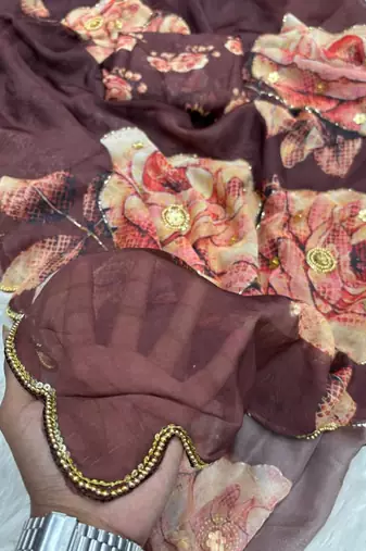 beautiful floral printed tabby silk saree for women with hand embrodiery