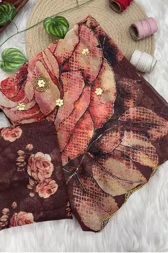 beautiful floral printed tabby silk saree for women with hand embrodiery