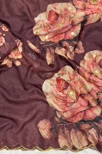beautiful floral printed tabby silk saree for women with hand embrodiery