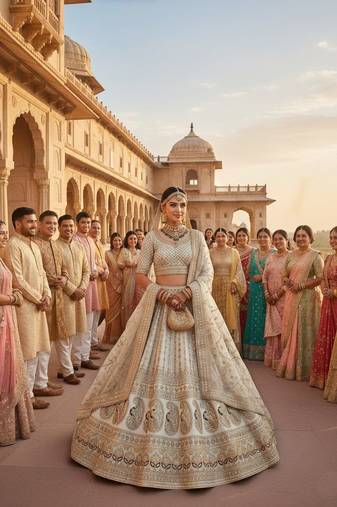 Cream Colour Bridal Wear Silk Lehenga Choli and Dupatta