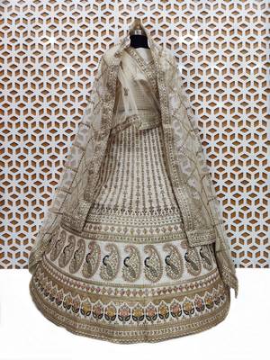 Cream Colour Bridal Wear Silk Lehenga Choli and Dupatta 2
