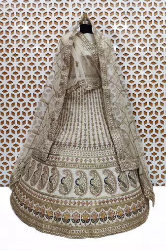 Cream Colour Bridal Wear Silk Lehenga Choli and Dupatta